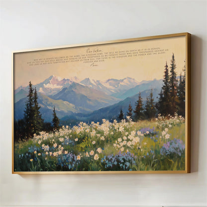 The image is a framed painting depicting a mountainous landscape with a field of flowers in the foreground.