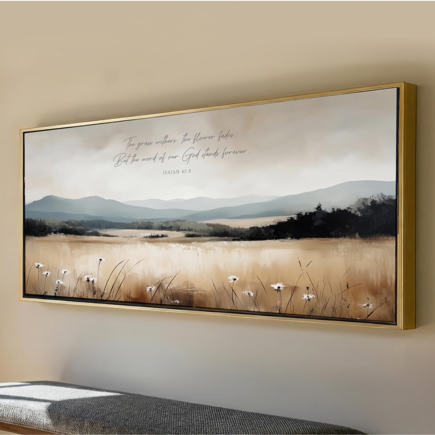 The image is a framed painting depicting a serene landscape with a field of tall grass and wildflowers, set against a backdrop of mountains and a cloudy sky.