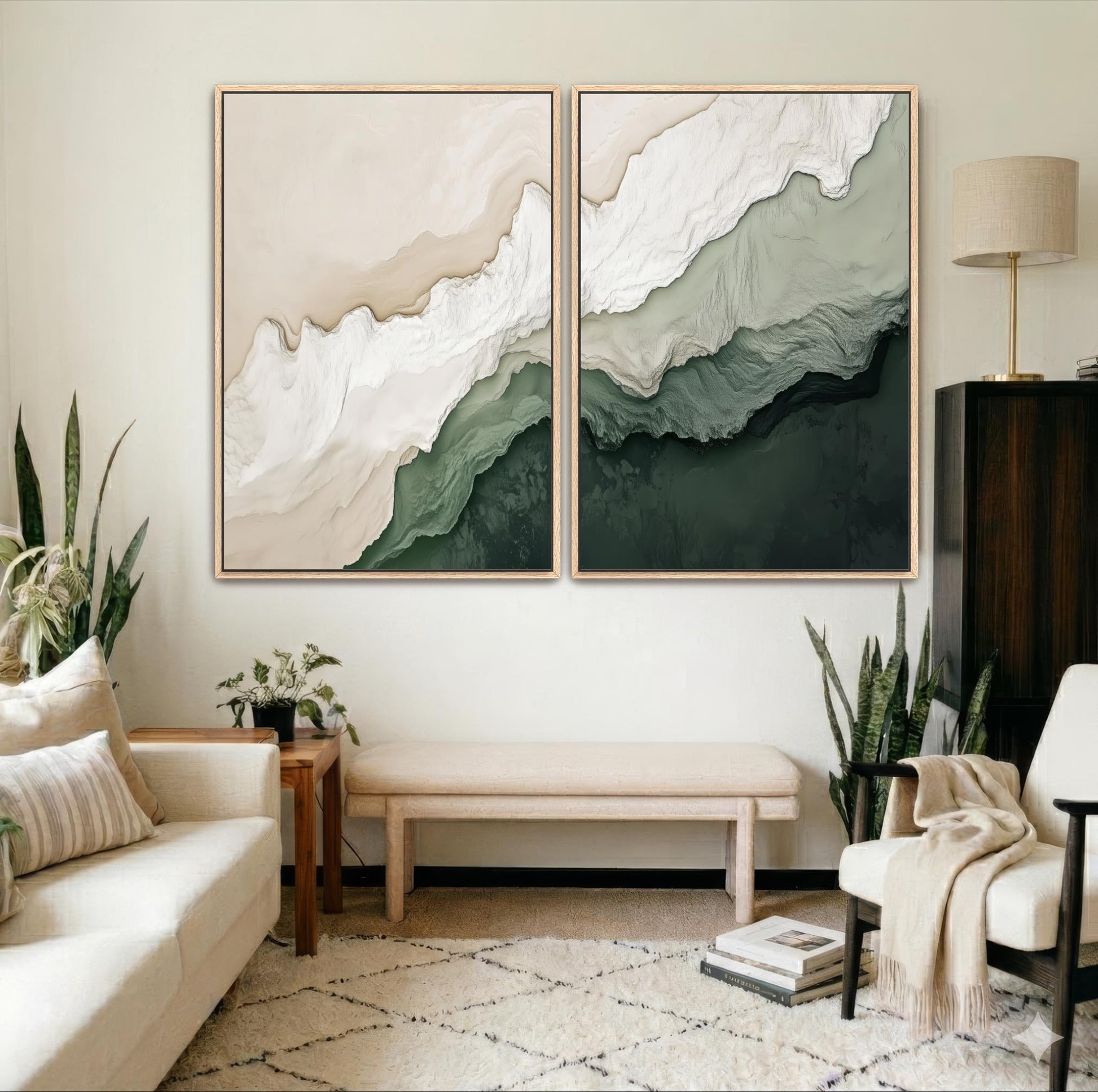 a modern living room with a large abstract painting hanging on the wall above a white sofa and a wooden coffee table.
