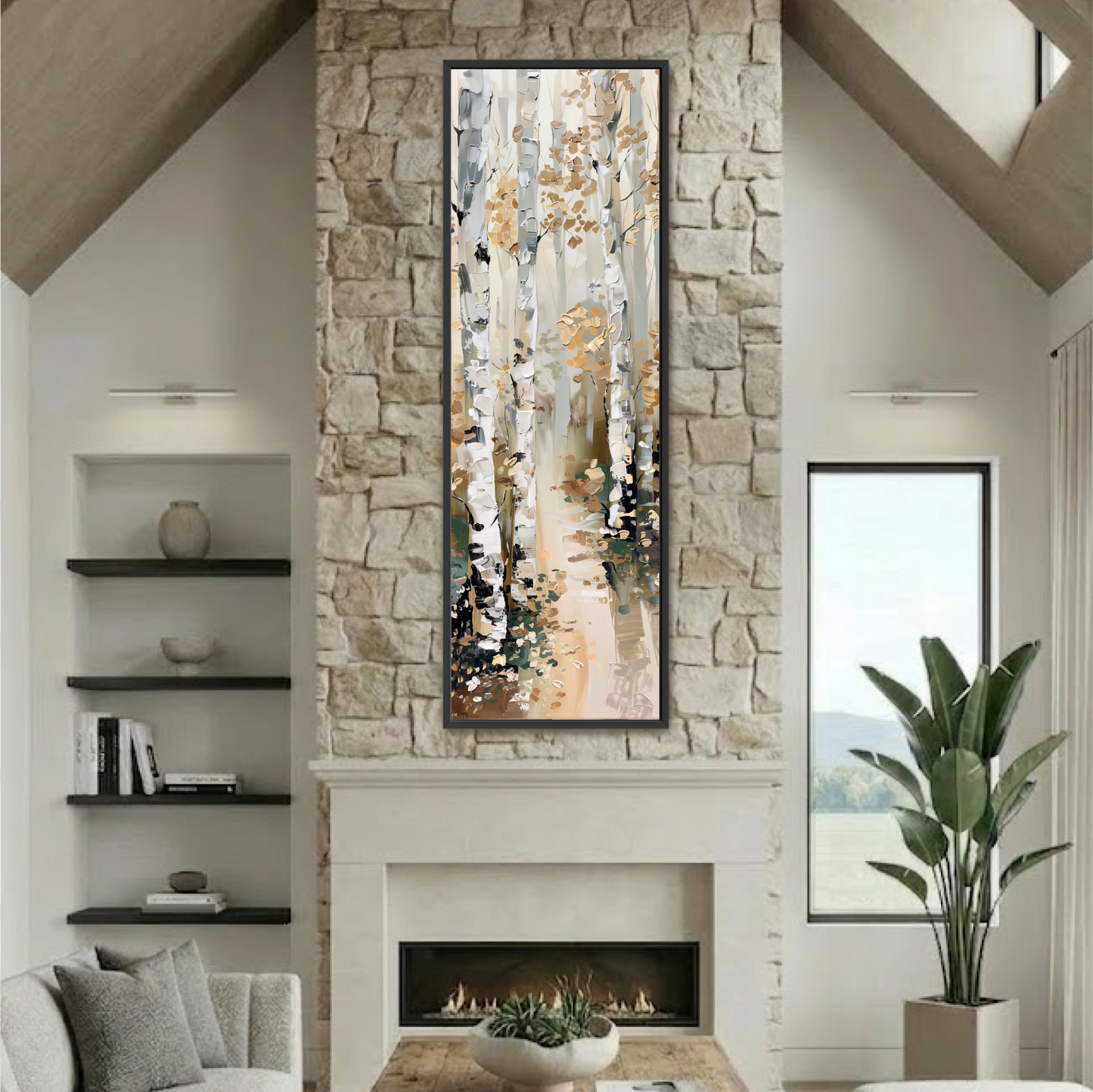 a modern living room with a fireplace, stone walls, and a large painting of a forest scene above it. The room is decorated with various items, including a potted plant, books, and a vase.