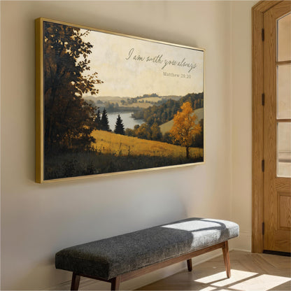 a large landscape painting hanging on a wall, depicting a serene countryside scene with trees, a lake, and rolling hills. Below the painting, there is a gray bench positioned in front of the wall, providing a place to sit and enjoy the view.