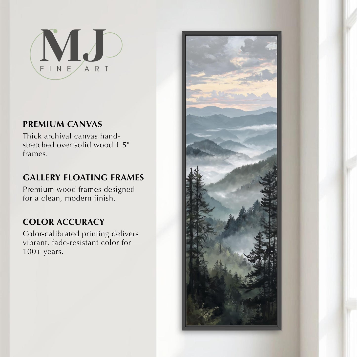 The image is a vertical advertisement for MJ Fine Art, featuring a painting of a mountain landscape with trees and a cloudy sky. The advertisement highlights the premium quality of the artwork, including the use of a thick archival canvas hand-stretched over solid wood 1.5-5" frames, the gallery floating frames, and the color accuracy of the color-calibrated printing.