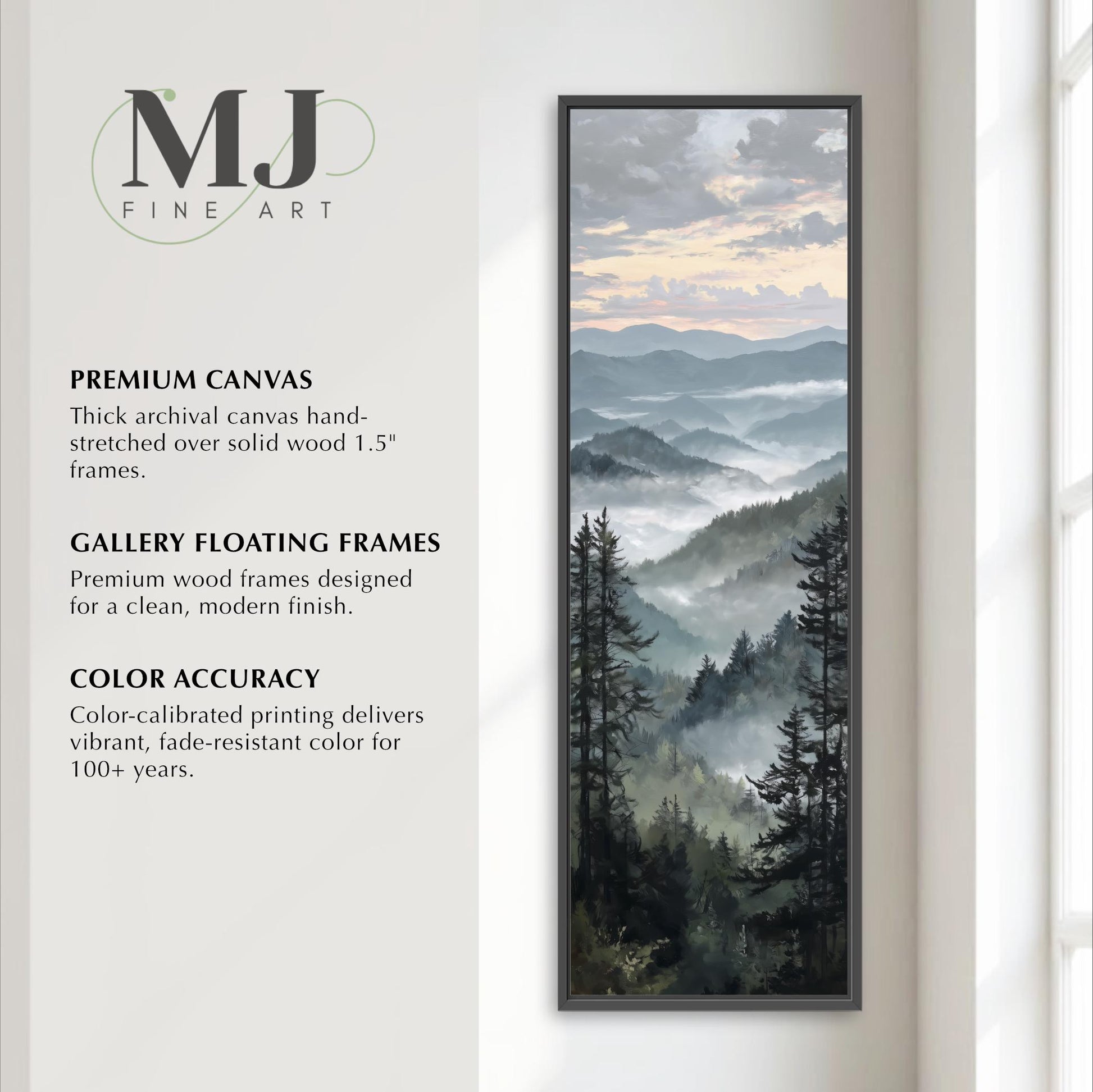 The image is a vertical advertisement for MJ Fine Art, featuring a painting of a mountain landscape with trees and a cloudy sky. The advertisement highlights the premium quality of the artwork, including the use of a thick archival canvas hand-stretched over solid wood 1.5-5" frames, the gallery floating frames, and the color accuracy of the color-calibrated printing.