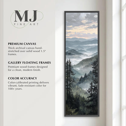 The image is a vertical advertisement for MJ Fine Art, featuring a painting of a mountain landscape with trees and a cloudy sky. The advertisement highlights the premium quality of the artwork, including the use of a thick archival canvas hand-stretched over solid wood 1.5-5" frames, the gallery floating frames, and the color accuracy of the color-calibrated printing.