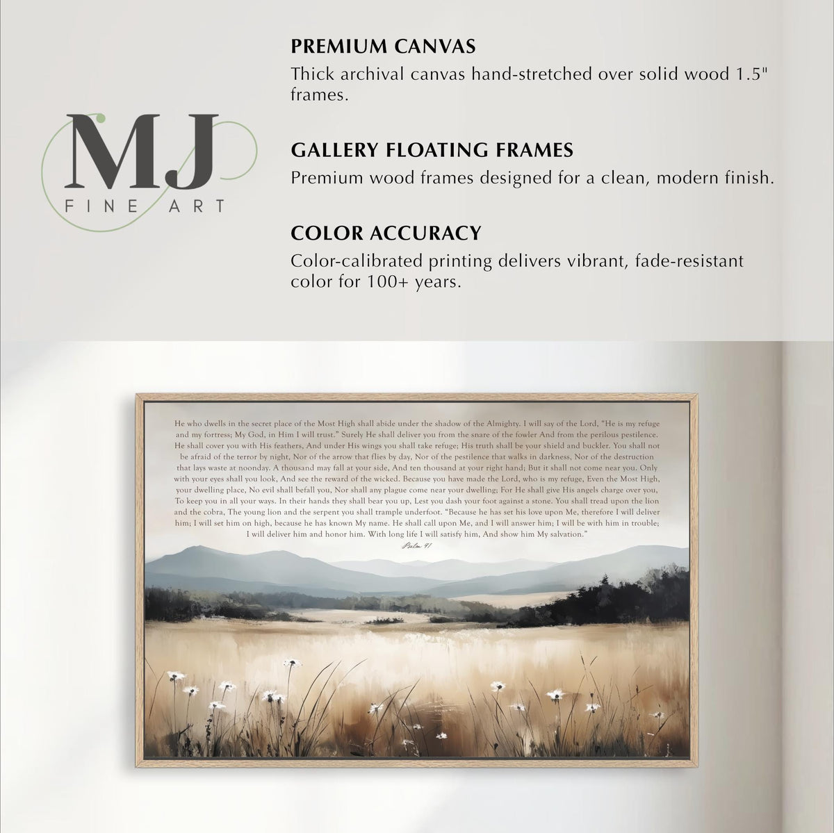 The image is a painting of a serene landscape with a field of tall grass and a mountain range in the background. The painting is framed by a wooden border and is titled "The Most Faithful Place of the Most Faithless".