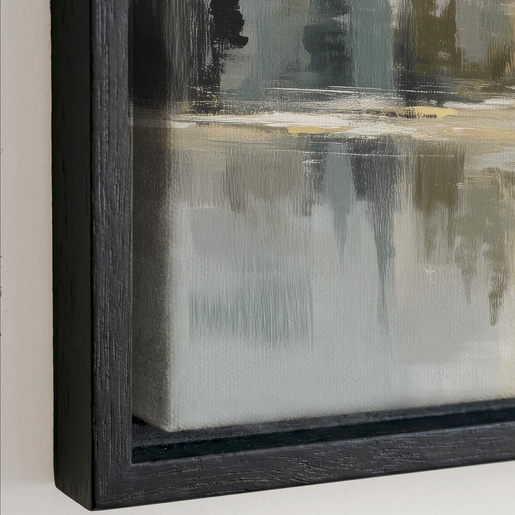 The image is a close-up of a framed painting with a textured, abstract background.