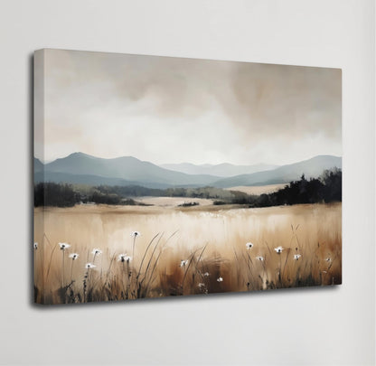 mirror wrapped canvas, large horizontal. Neutral Landscape Wall Art Framed Canvas, Mountains Meadow Wildflowers Painting, Minimalist Countryside Farmhouse, Large Horizontal Artwork
