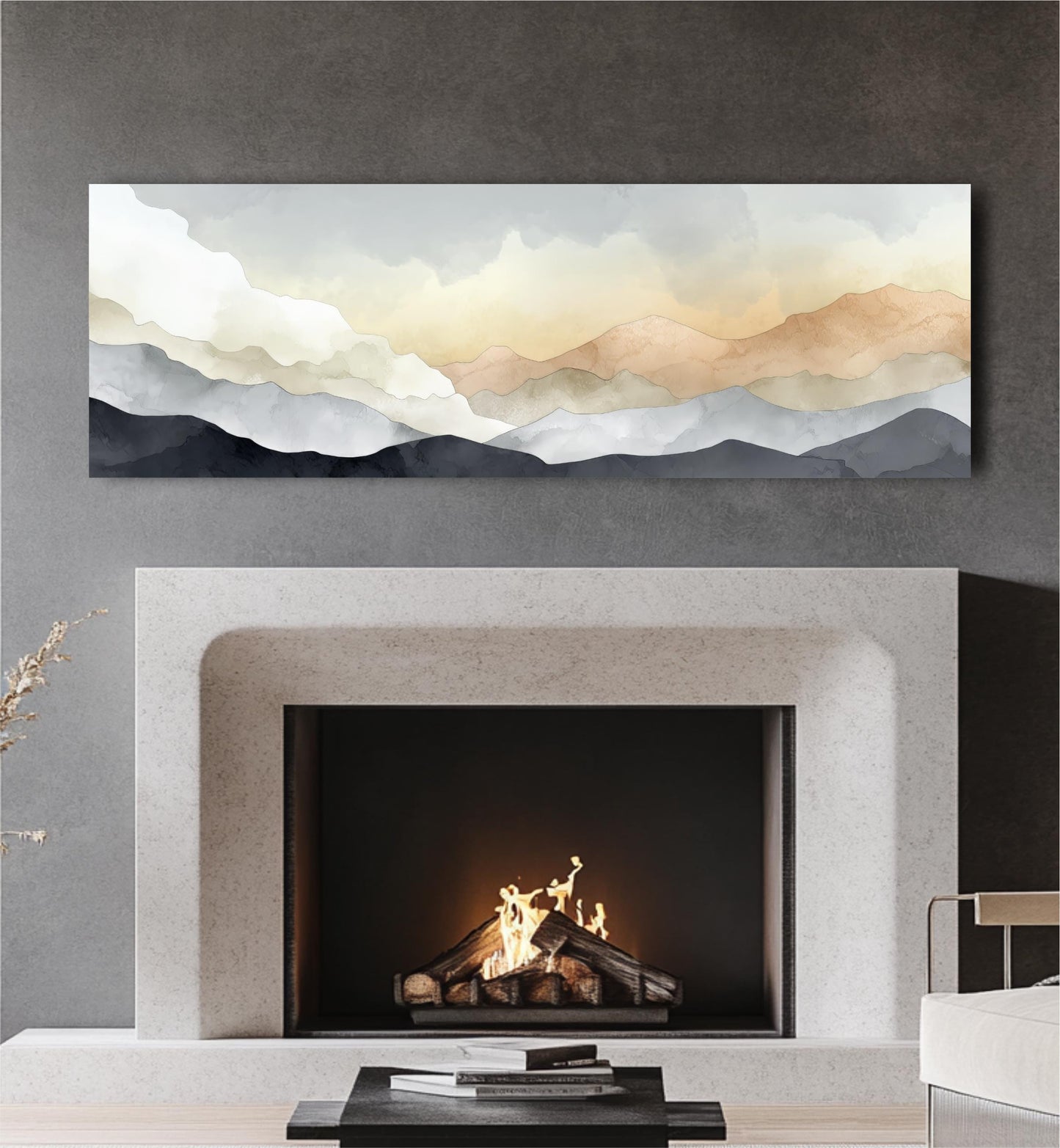 a fireplace with a fire burning inside, and a large abstract landscape painting hanging above it on the wall.