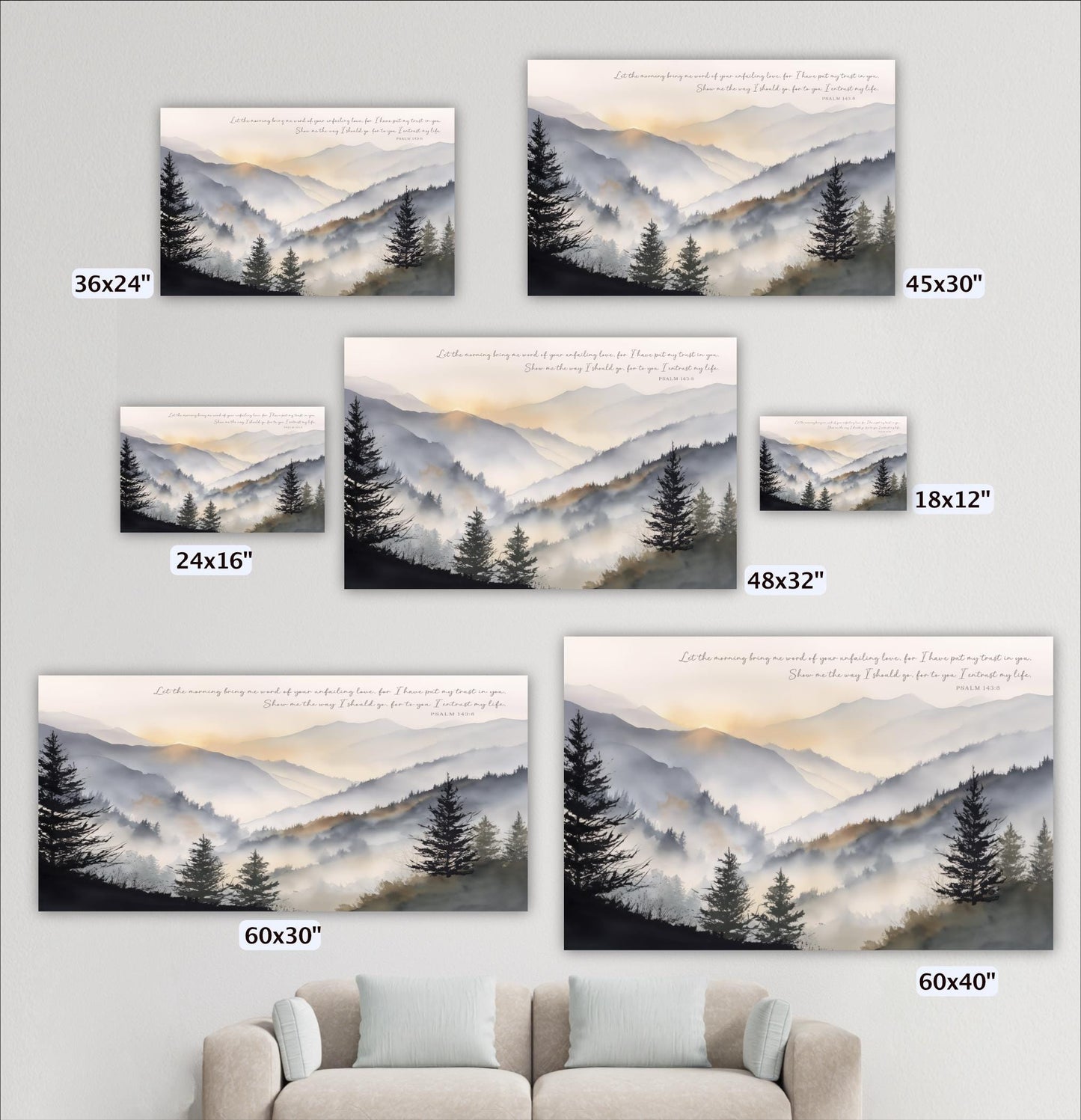 a collection of five landscape paintings or photographs depicting mountains and pine trees, each with a different size and frame.
