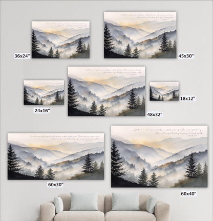 a collection of five landscape paintings or photographs depicting mountains and pine trees, each with a different size and frame.