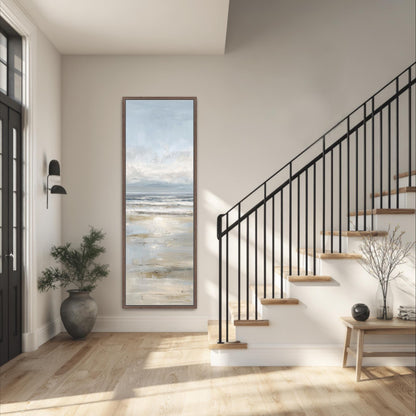 a modern and minimalist interior design, featuring a large window that provides a view of the ocean, a black metal railing on the stairs, a potted plant, and a wooden bench.