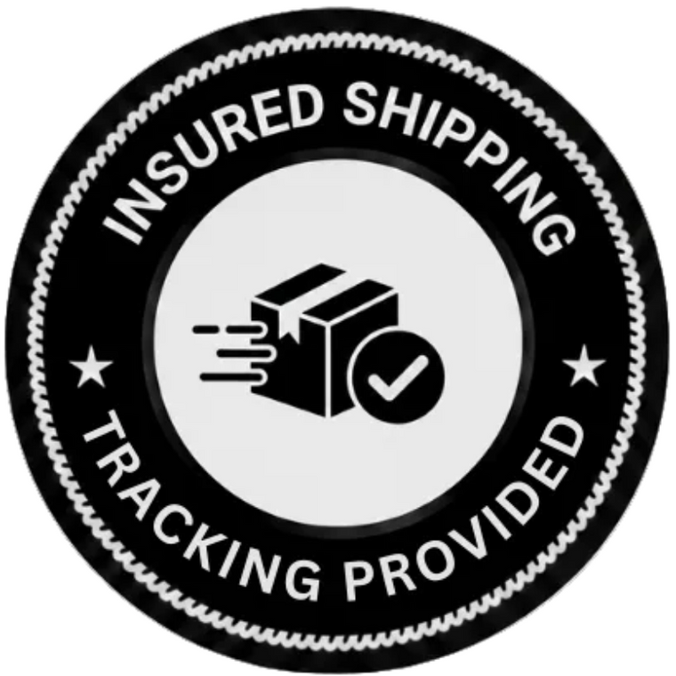 Black and white 'Insured Shipping' label with packaging icon on a transparent background