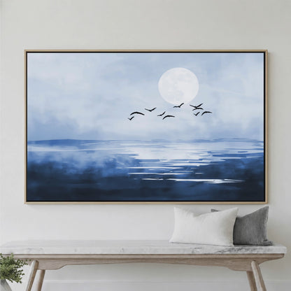 Blue Moon Night Seascape Birds Moody Art