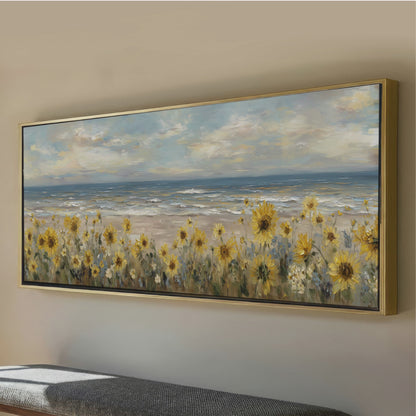 Coastal Sunflower Field Wall Art, Panoramic Beach Landscape Canvas Print, Neutral Ocean Painting, Modern Farmhouse Decor, Oversized Artwork