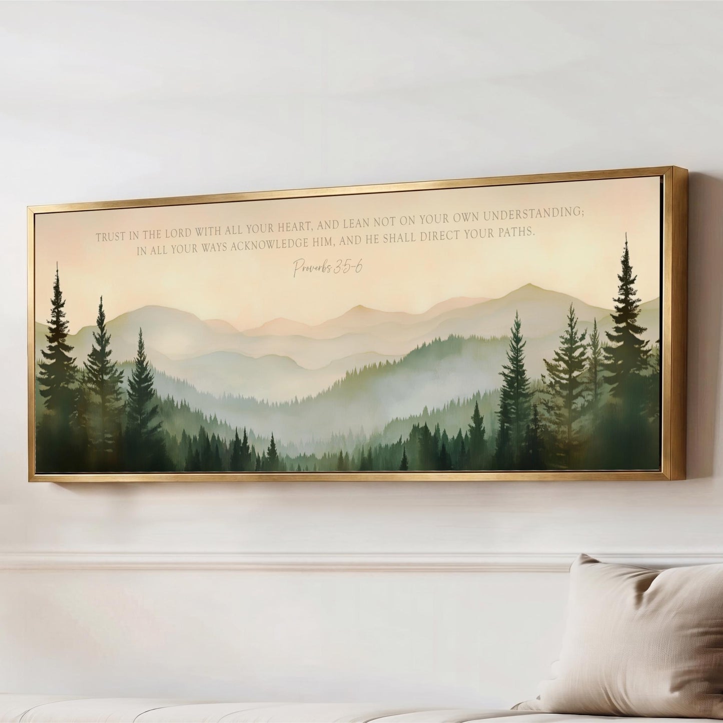 Forest Mountain Framed Wall Art, Trust in the Lord Proverbs 3:5-6, Green Landscape Canvas Print, Nature Decor, Pine Trees, Christian Artwork