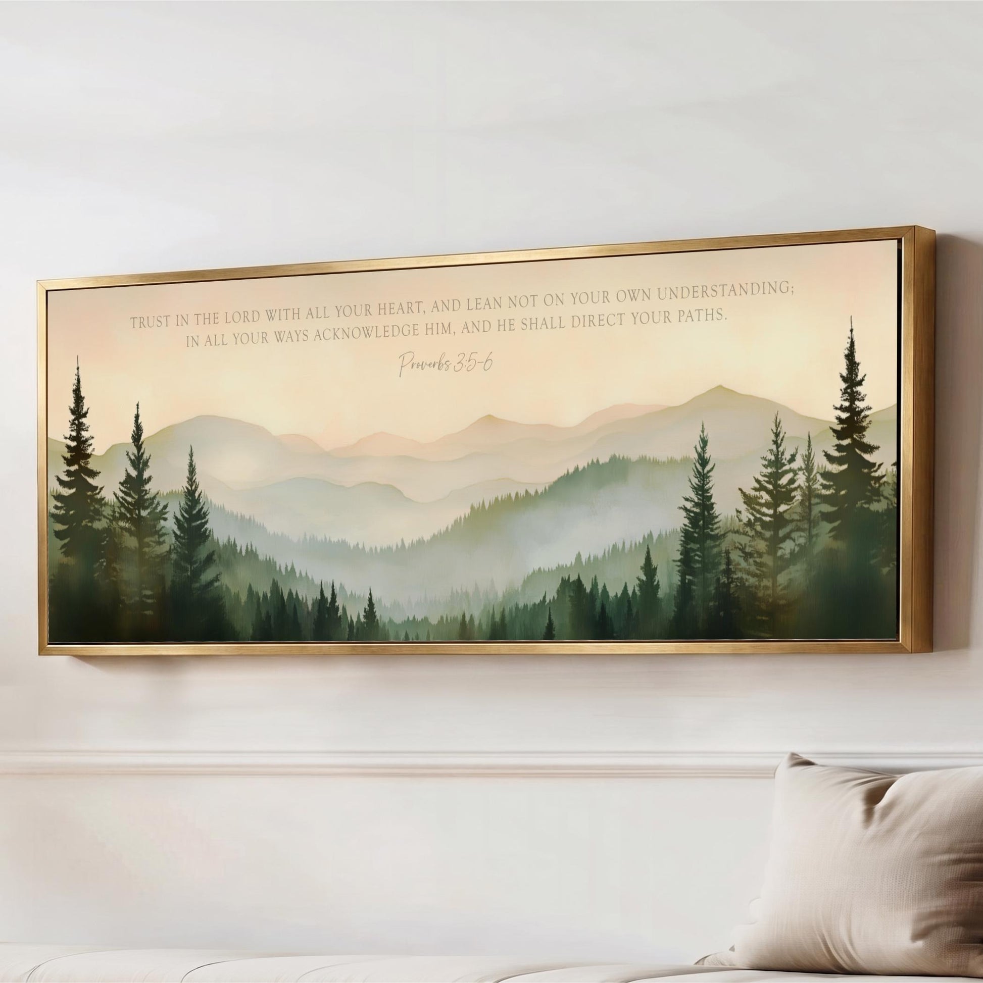 Forest Mountain Framed Wall Art, Trust in the Lord Proverbs 3:5-6, Green Landscape Canvas Print, Nature Decor, Pine Trees, Christian Artwork